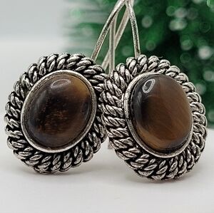 Triple Strand Tiger Eye Earrings Avon Vintage Silver Plated